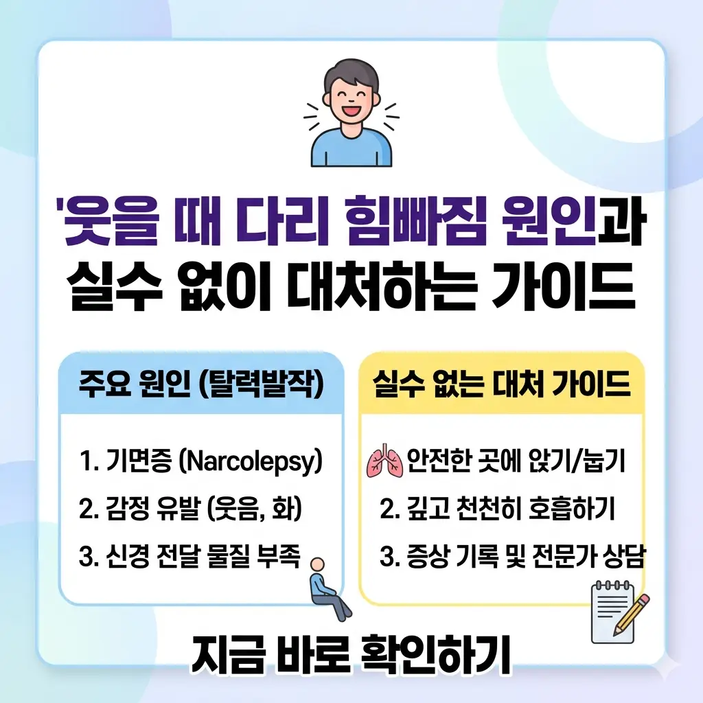 웃을 때 다리에 힘이 빠지는 현상인 '탈력발작'의 원인(기면증 등)과 주요 증상, 그리고 안전한 대처법(앉기, 호흡)을 설명하는 인포그래픽 썸네일.