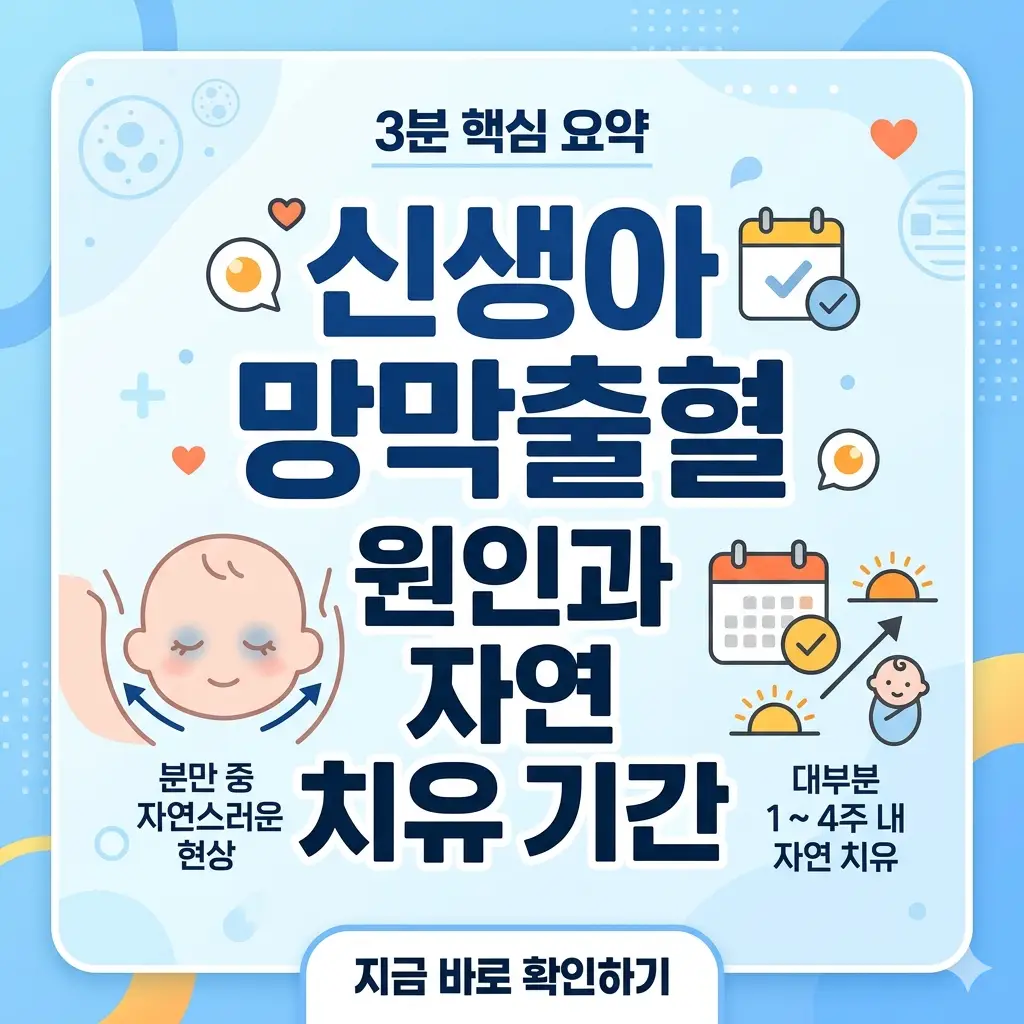 신생아 망막출혈의 주요 원인과 자연 치유 기간 정보를 담은 3분 요약 정보성 썸네일 이미지입니다.