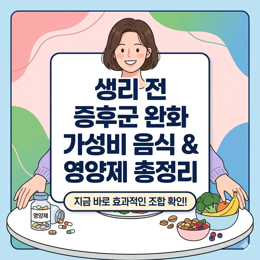 생리 전 증후군(PMS) 증상 완화에 도움을 주는 가성비 좋은 음식과 영양제 조합 정보를 담은 건강 썸네일 이미지