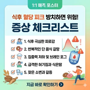 식후 혈당 피크 위험 증상 체크리스트와 함께 경고 아이콘과 혈당 측정 이미지를 담은 인포그래픽 썸네일.