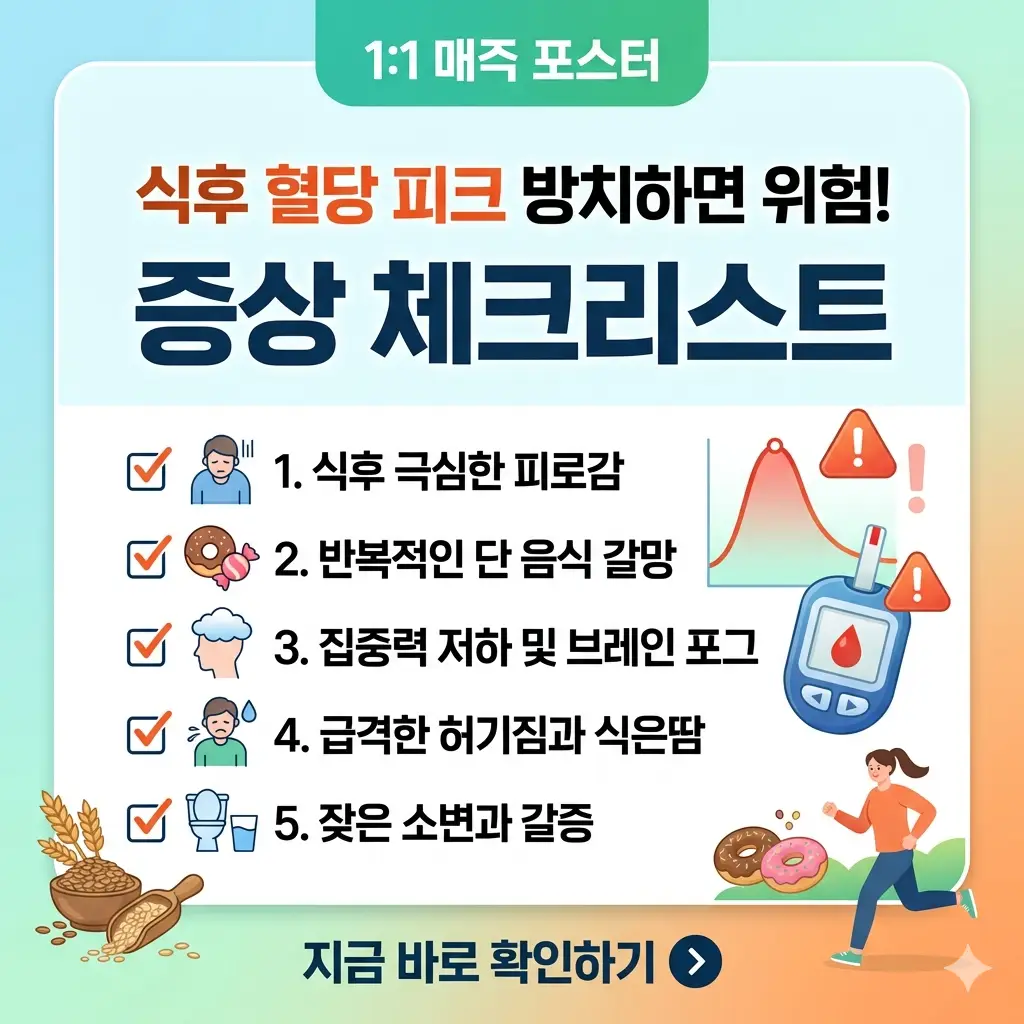 식후 혈당 피크 위험 증상 체크리스트와 함께 경고 아이콘과 혈당 측정 이미지를 담은 인포그래픽 썸네일.