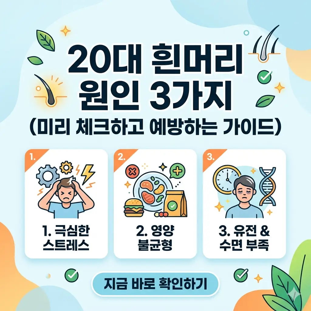 20대 새치 원인 3가지를 설명하는 밝은 톤의 1:1 비율 정보성 썸네일 이미지.
