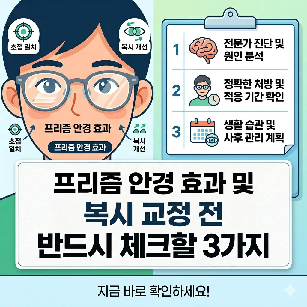 프리즘 안경 착용 이미지와 함께 복시 교정 전 체크해야 할 3가지 핵심 포인트를 요약한 블로그 썸네일.