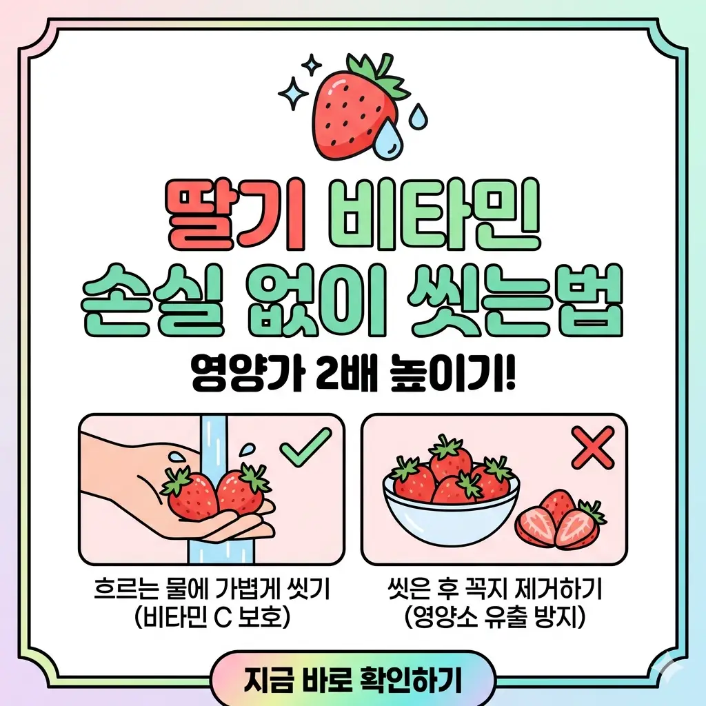 비타민 손실 없이 딸기 씻는 올바른 방법을 알려주는 정보성 썸네일 이미지입니다.