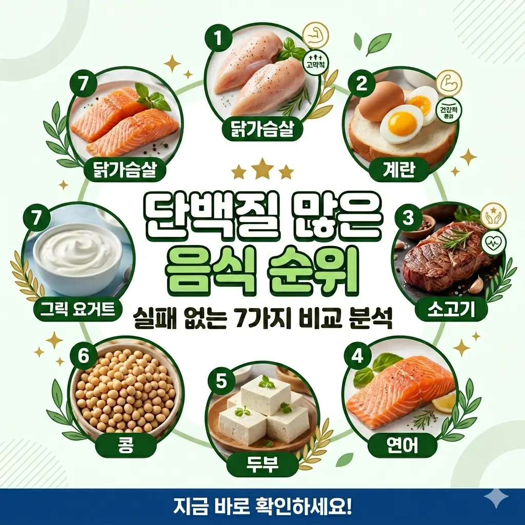 단백질 많은 음식 순위 실패 없는 7가지 비교 분석 1 "단백질 많은 음식 순위 top 7"을 주제로 닭가슴살, 연어, 두부, 달걀 등 고단백 식품 7가지를 시각화하여 순위별로 비교한 인포그래픽 썸네일입니다.
