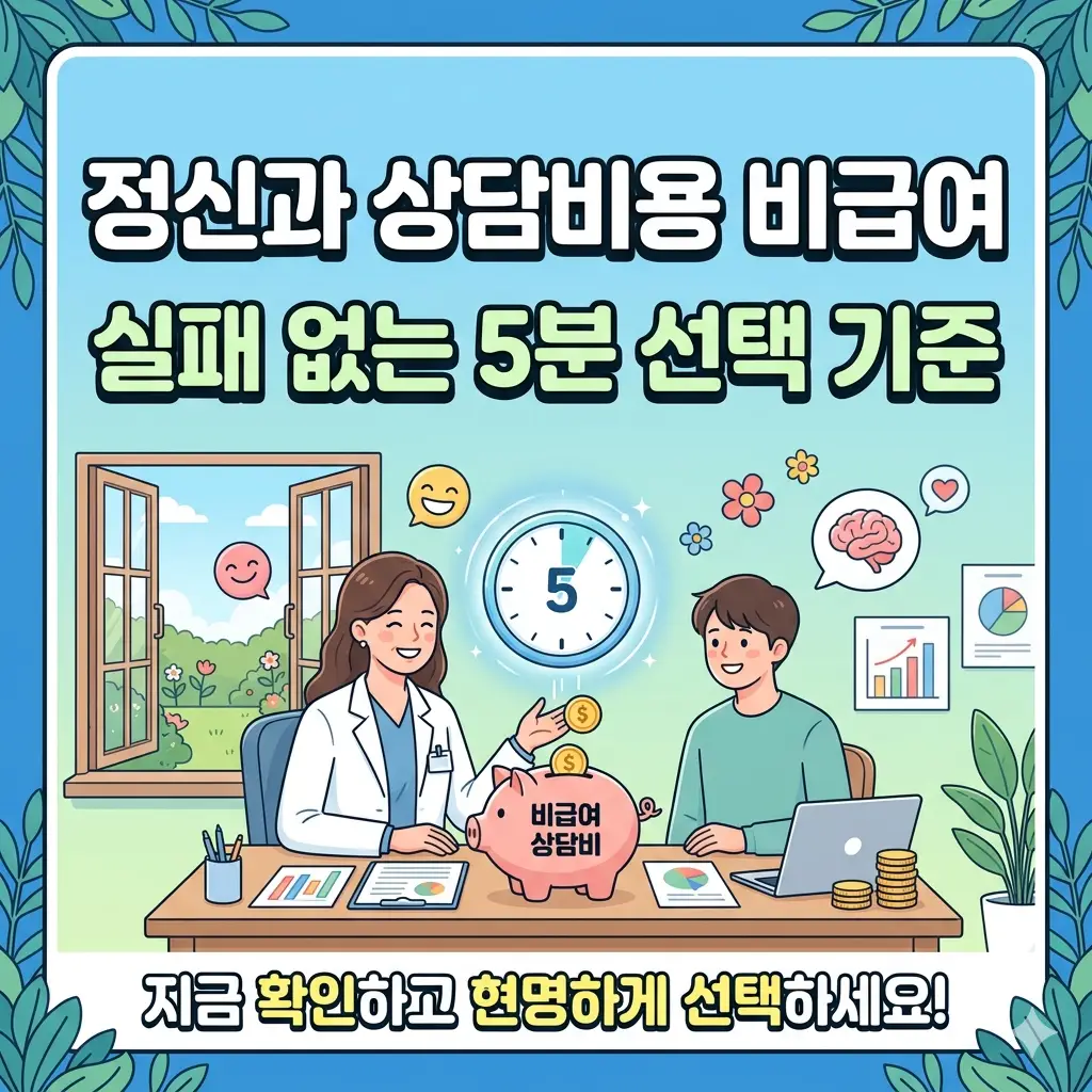 정신과 비급여 상담 비용에 대해 5분 만에 실패 없이 선택할 수 있는 핵심 기준을 설명하는 정보성 썸네일 이미지