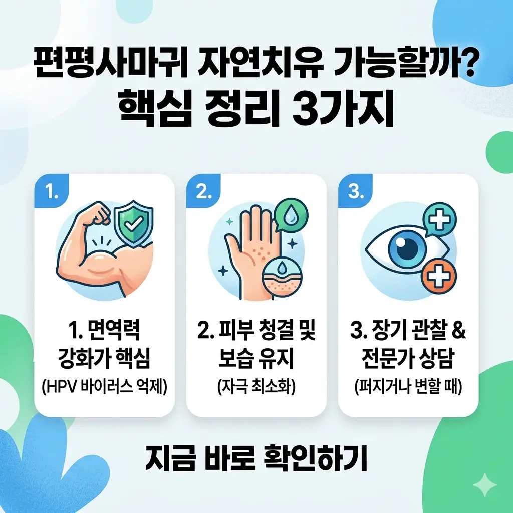 편평사마귀 자연치유 가능 여부와 면역력 강화, 관리법 등 핵심 3가지 정보를 요약한 밝은 분위기의 1:1 썸네일 이미지.