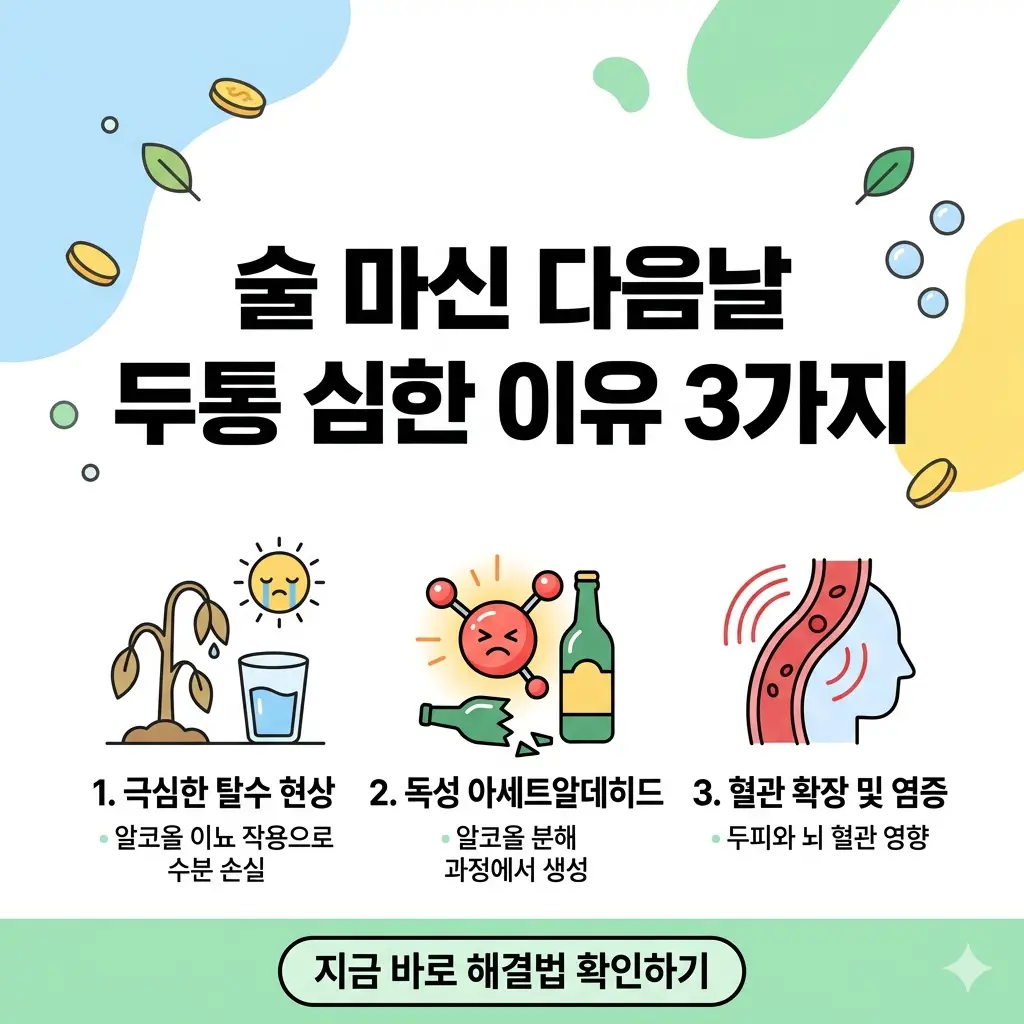 술 마신 다음날 두통이 생기는 3가지 주요 원인(탈수, 아세트알데히드, 혈관 확장)을 설명하는 일러스트입니다.