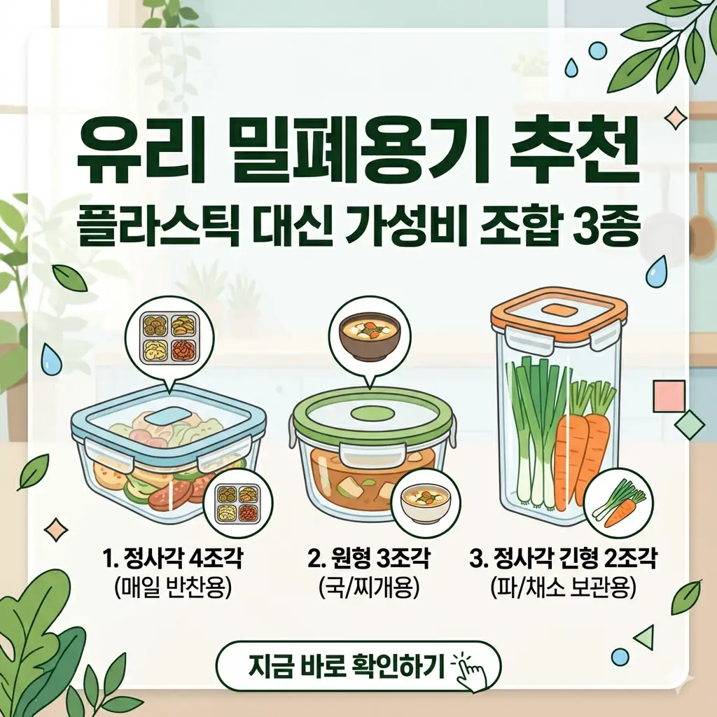 세 가지 종류의 추천 유리 밀폐용기를 깔끔하게 배치한 밝은 톤의 1:1 비율 정보성 썸네일 이미지.