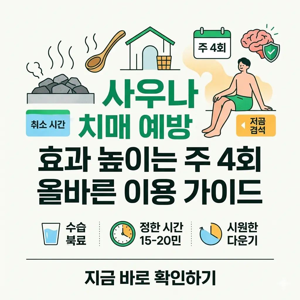 사우나 치매 예방 효과 높이는 주 4회 올바른 이용 가이드 1 사우나를 주 4회 규칙적으로 이용하면 치매 예방 효과가 있다는 정보와 함께 올바른 방법을 안내하는 인포그래픽 포스터.
