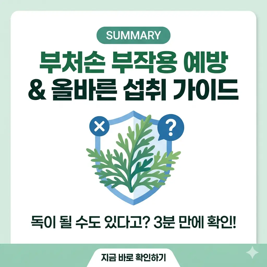 부처손 섭취 가이드 썸네일로, 중앙에 "부처손 부작용 예방" 제목과 식물 아이콘, 하단에 "3분 확인" 텍스트가 있습니다.