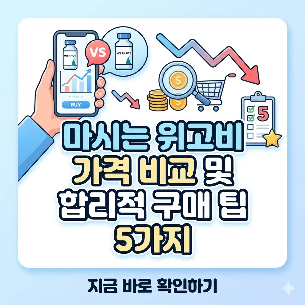 마시는 위고비 가격 비교 아이콘과 5가지 합리적 구매 팁 텍스트가 담긴 밝은 1:1 비율 썸네일 이미지.