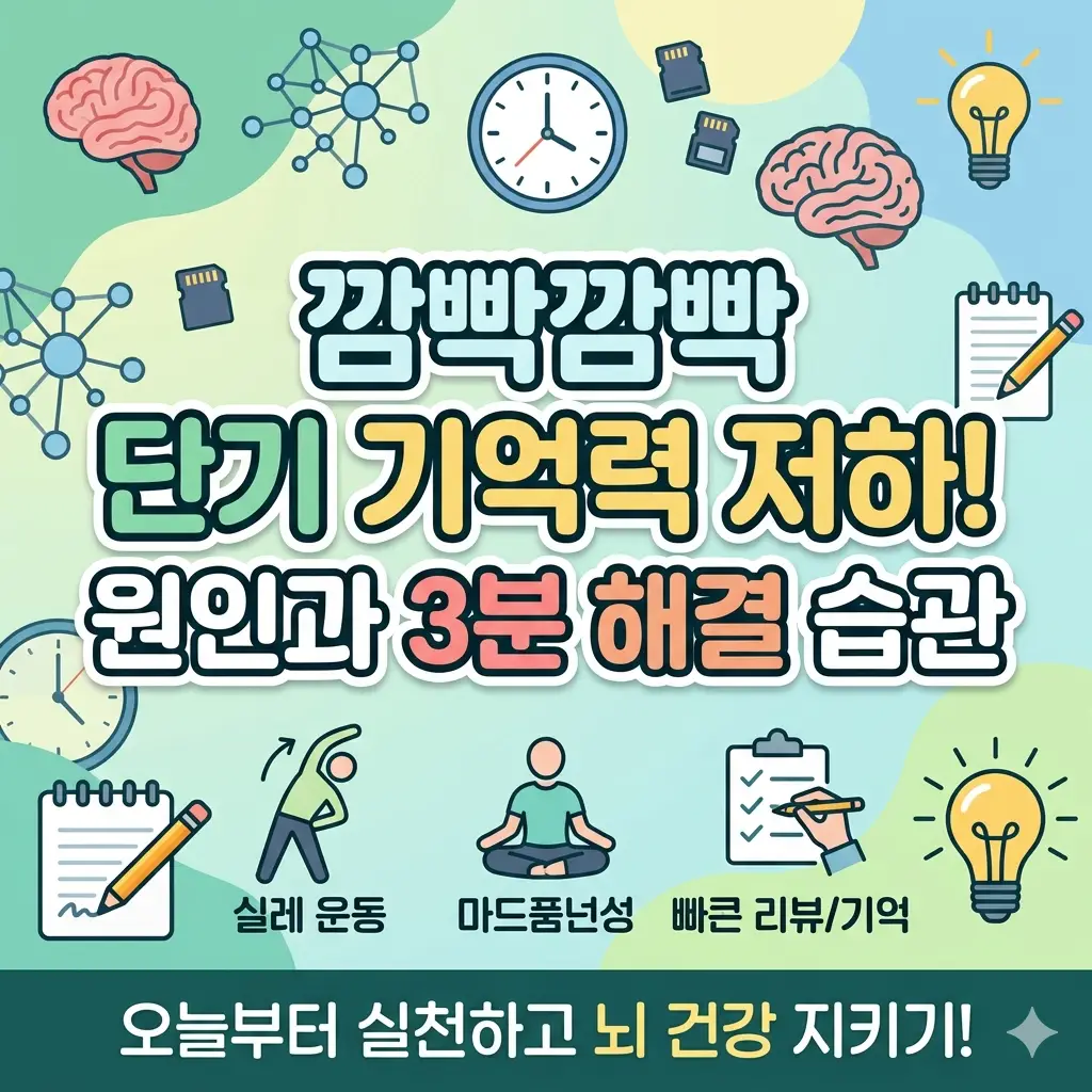 단기 기억력 저하 원인 해결하는 3분 생활 습관 1 뇌와 시계, 메모지 아이콘으로 단기 기억력 저하 원인을 해결하는 3분 생활 습관을 설명하는 건강 썸네일 이미지
