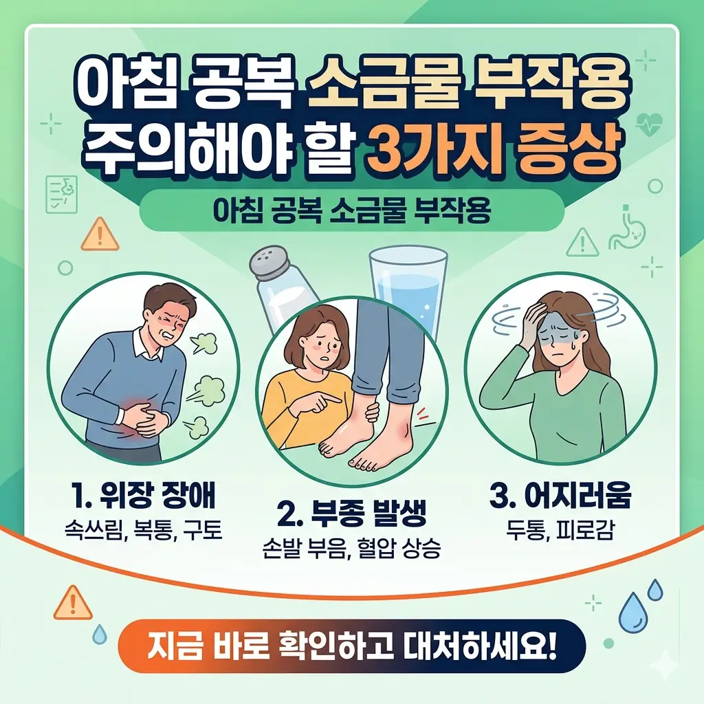아침 공복 소금물 부작용으로 나타나는 3가지 증상을 설명하는 건강 썸네일 이미지