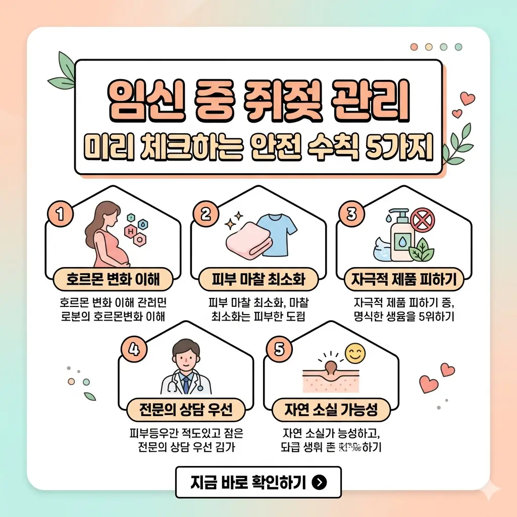 임신 중 쥐젖 예방 및 안전 관리 5가지 수칙을 요약한 1:1 비율의 정보성 썸네일 이미지입니다.