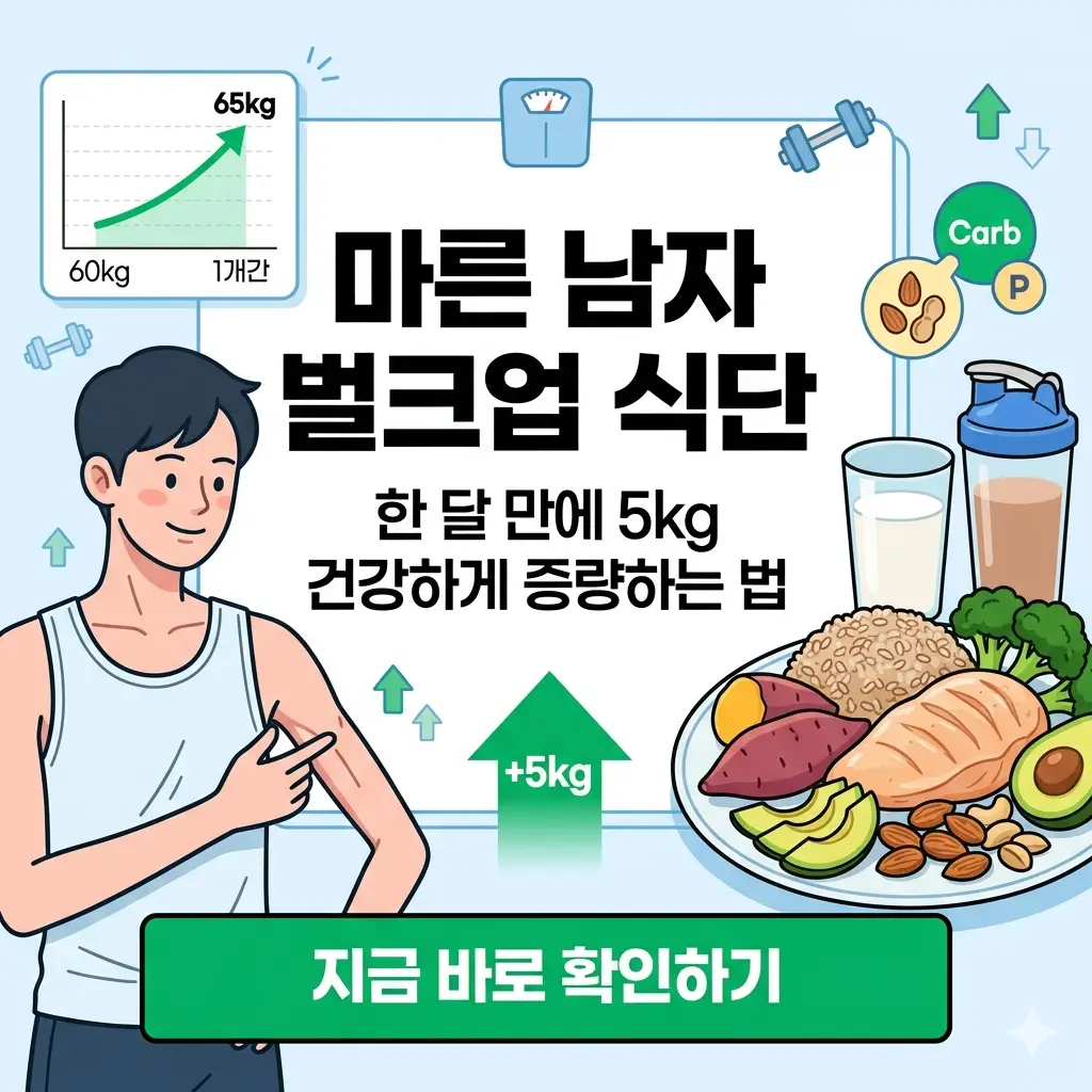 마른 체형 남성의 벌크업 식단 전후 변화와 한 달 5kg 증량 목표를 시각화한 이미지.