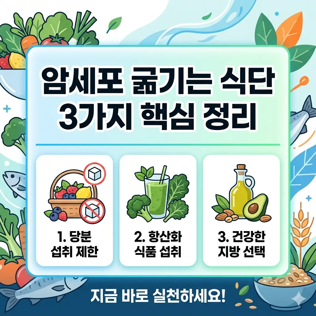 암세포의 에너지원을 차단하고 성장을 억제하는 '암세포 굶기는 식단'의 3가지 핵심 원칙을 시각적으로 정리한 건강 썸네일 이미지