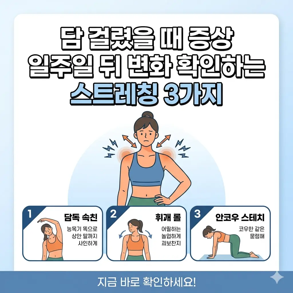 담 걸렸을 때 증상 일주일 뒤 변화 확인하는 스트레칭 3가지 1 목과 어깨 통증(담) 완화를 위해 스트레칭을 하는 여성의 모습을 담은 썸네일 이미지입니다.