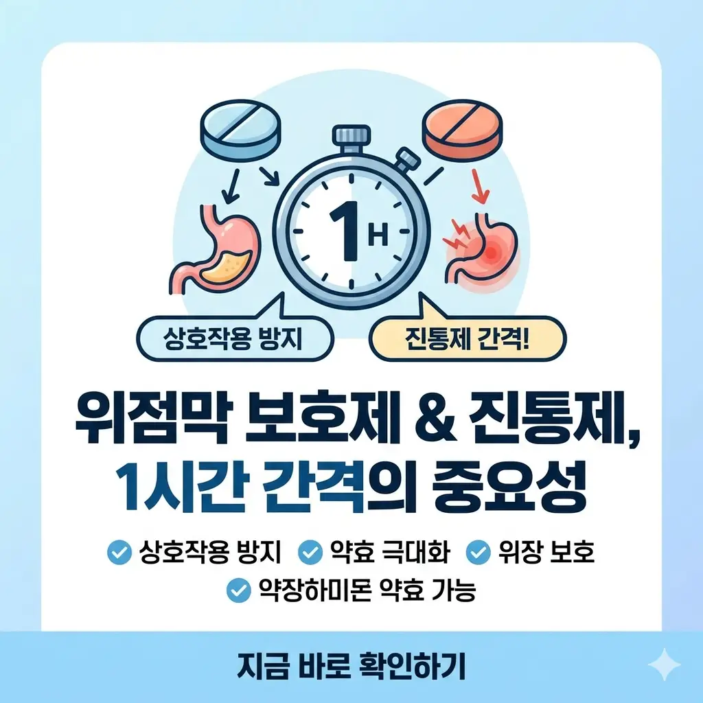 위점막 보호제와 진통제를 함께 복용할 때 1시간 간격을 두어야 최적의 효과를 낼 수 있음을 설명하는 교육용 썸네일 이미지입니다.