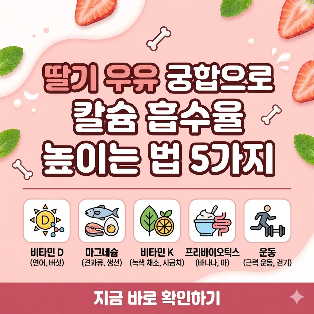 딸기 우유와 함께 먹으면 칼슘 흡수율을 높여주는 5가지 음식 궁합 정보를 담은 정보성 썸네일 이미지.