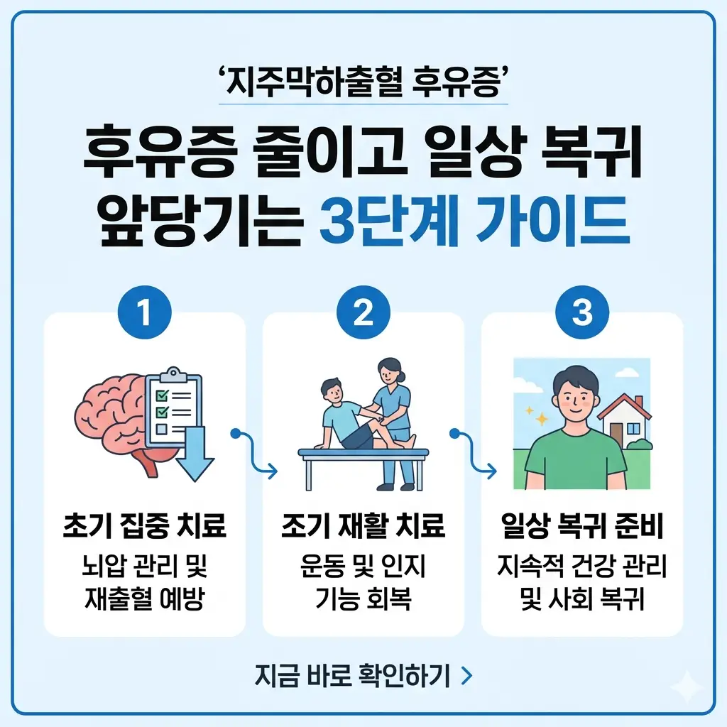 지주막하출혈 후유증 회복과 일상 복귀를 위한 3단계 핵심 가이드 요약 이미지.