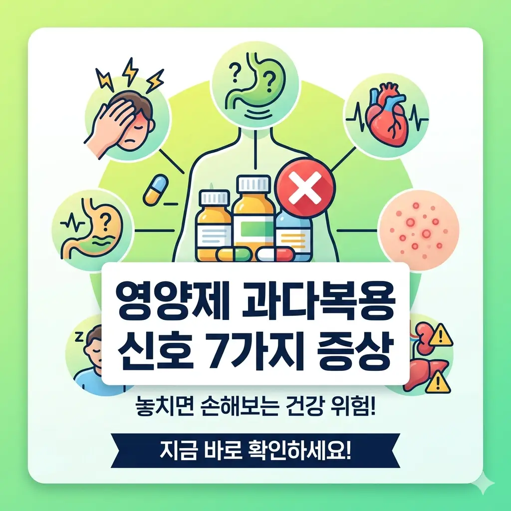 영양제 과다복용으로 나타날 수 있는 7가지 신체적 증상 신호를 요약한 건강 정보 썸네일 이미지