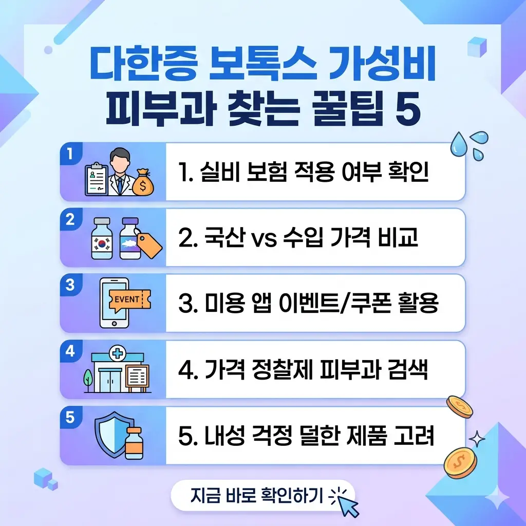다한증 보톡스 가격을 매달 5만 원 아끼는 가성비 피부과를 찾기 위한 5가지 핵심 꿀팁을 정리한 1:1 비율의 썸네일 이미지.