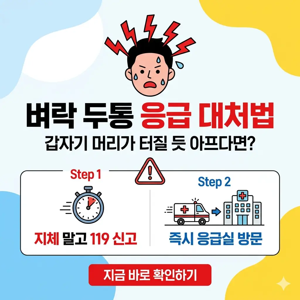 벼락 두통 대처법 5분 만에 배우고 응급 상황 발생 시 대처하기 1 벼락 두통의 증상과 응급 상황 시 즉시 병원에 방문해야 함을 알리는 인포그래픽 포스터.