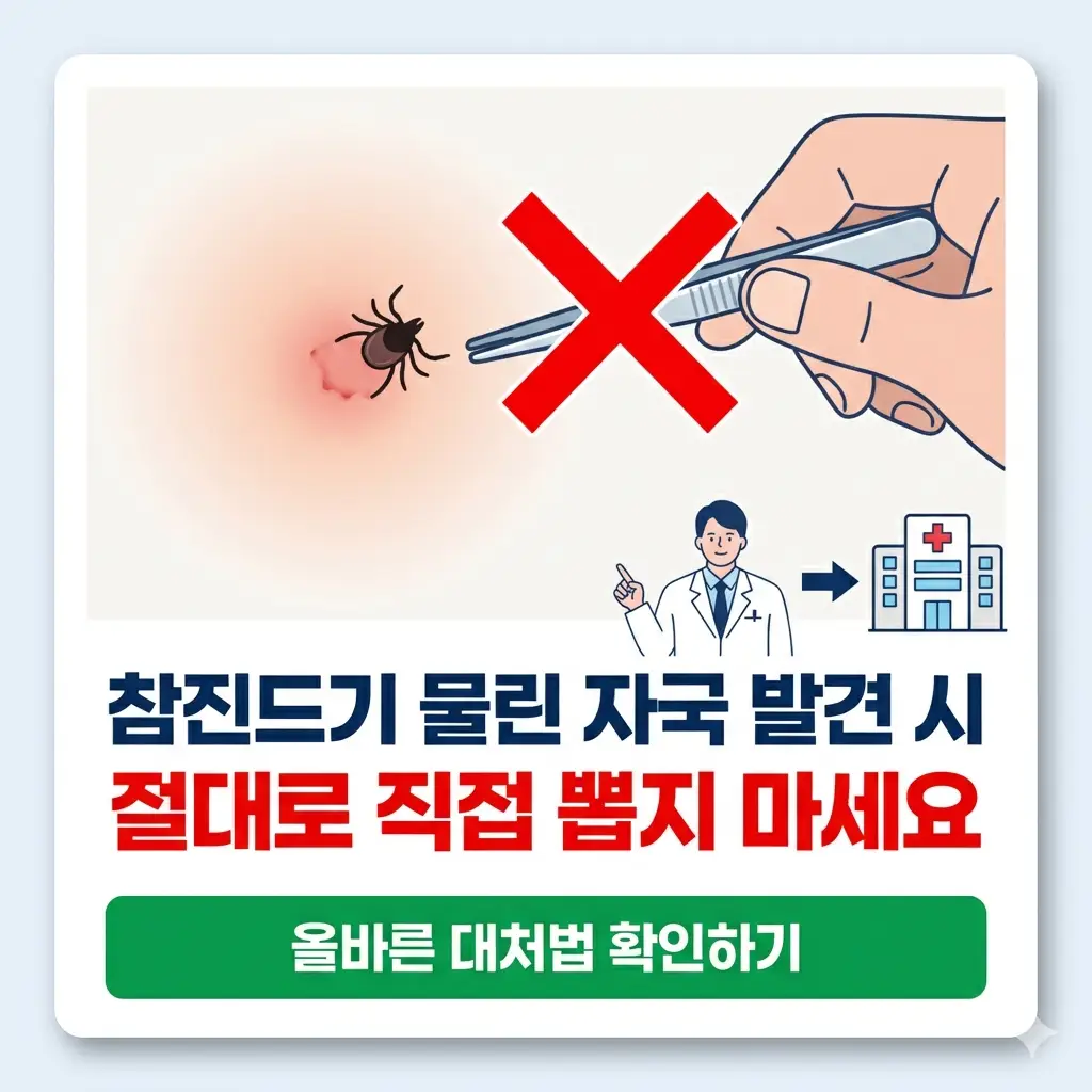 참진드기 물린 자국에 핀셋을 든 손과 X 표시, 그리고 병원 아이콘이 그려진 카드 뉴스 형태의 1:1 썸네일 이미지입니다.