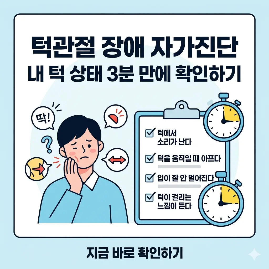 턱관절 장애 자가진단 방법을 안내하는 썸네일로, 증상을 확인하는 사람들과 체크리스트, 시간을 나타내는 일러스트가 포함된 이미지.