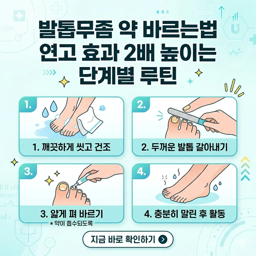 발톱무좀 약 바르는 법 4단계를 설명하는 인포그래픽 썸네일로, 세정/건조, 갈아내기, 바르기, 말리기 과정을 시각화했습니다.