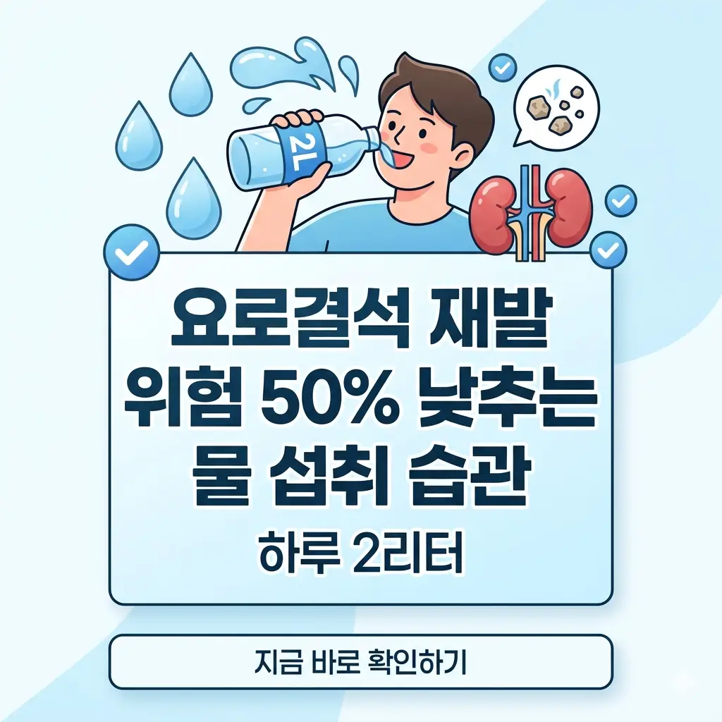 하루 2리터 물 섭취로 요로결석 재발 위험을 50% 낮추는 습관을 소개하는 포스터 디자인.