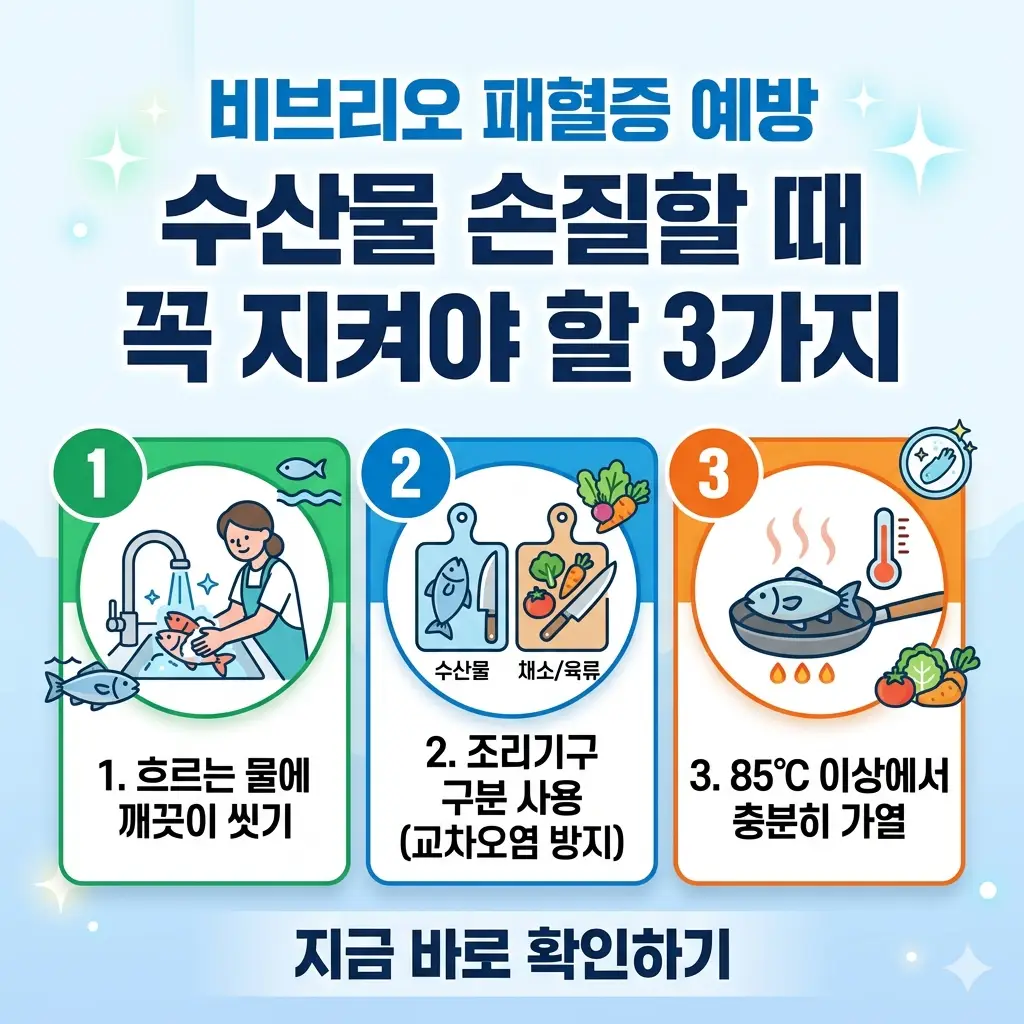 비브리오 패혈증 예방을 위한 수산물 손질 3대 수칙(세척, 분리, 가열)을 요약한 밝은 톤의 1:1 인포그래픽 포스터.