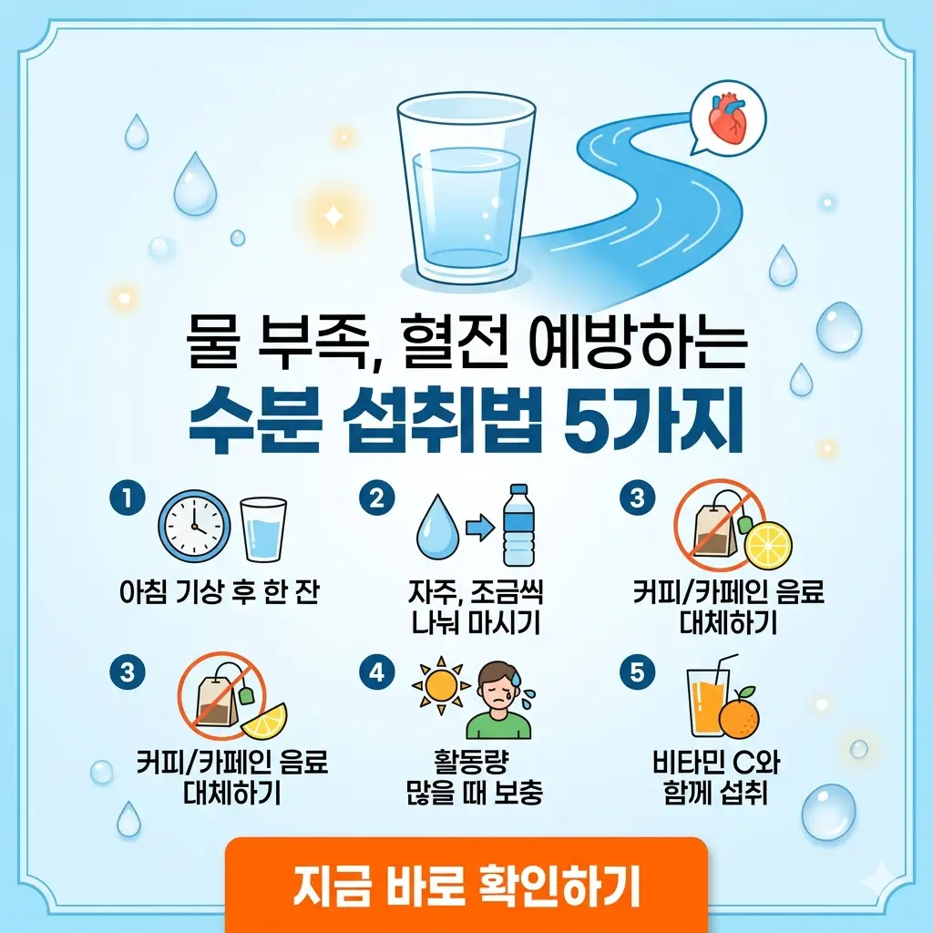 물 부족으로 인한 혈전 예방을 위한 5가지 수분 섭취법을 설명하는 밝은 톤의 카드 뉴스 스타일 썸네일.