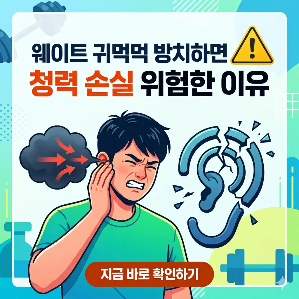 귀를 막고 괴로워하는 남성과 경고 아이콘, "방치하면 청력 손실" 문구가 담긴 웨이트 귀먹먹 경고 썸네일.