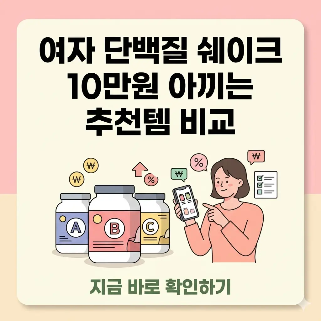 가성비 좋은 여자 단백질 쉐이크 추천 제품을 비교 분석하여 10만 원을 아끼는 팁을 보여주는 인포그래픽 썸네일.
