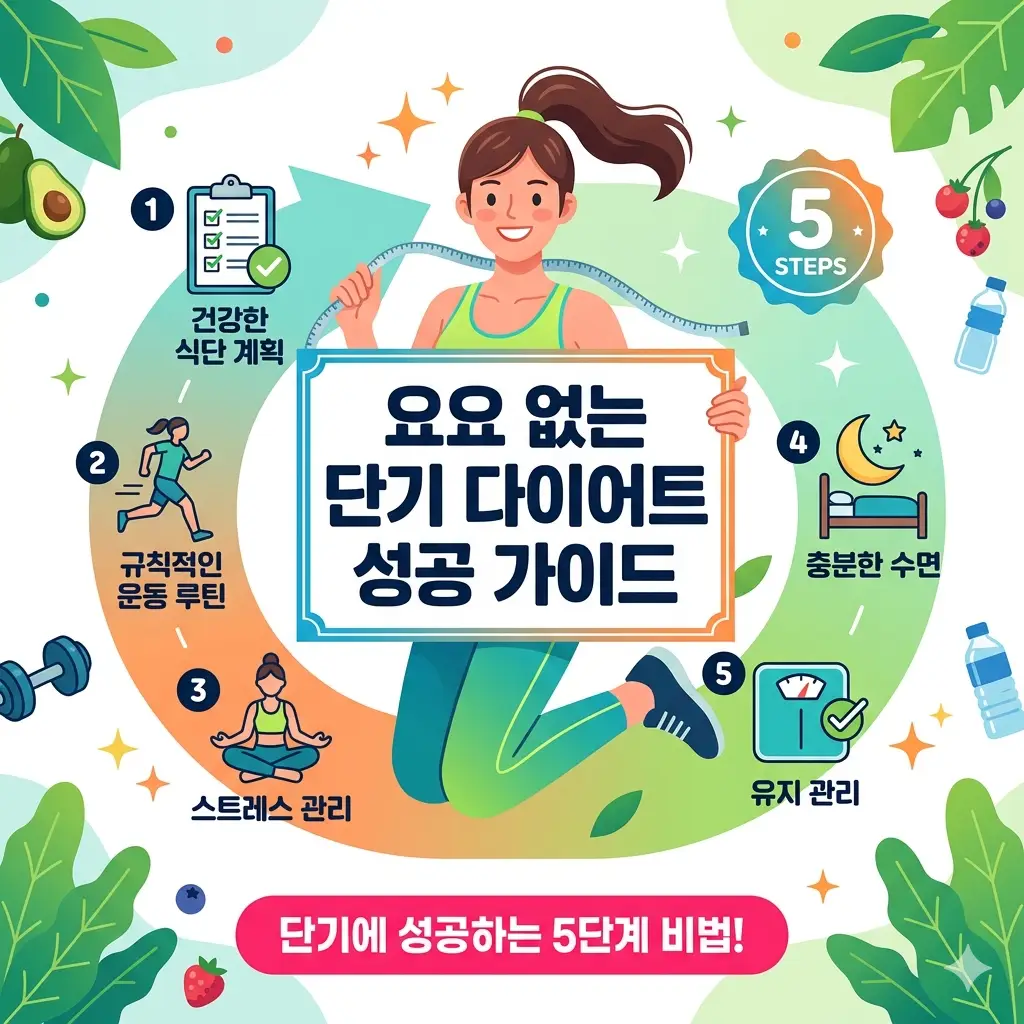 요요 현상 없이 단기간에 다이어트에 성공하기 위한 5단계 건강 가이드를 소개하는 인포그래픽 썸네일 이미지