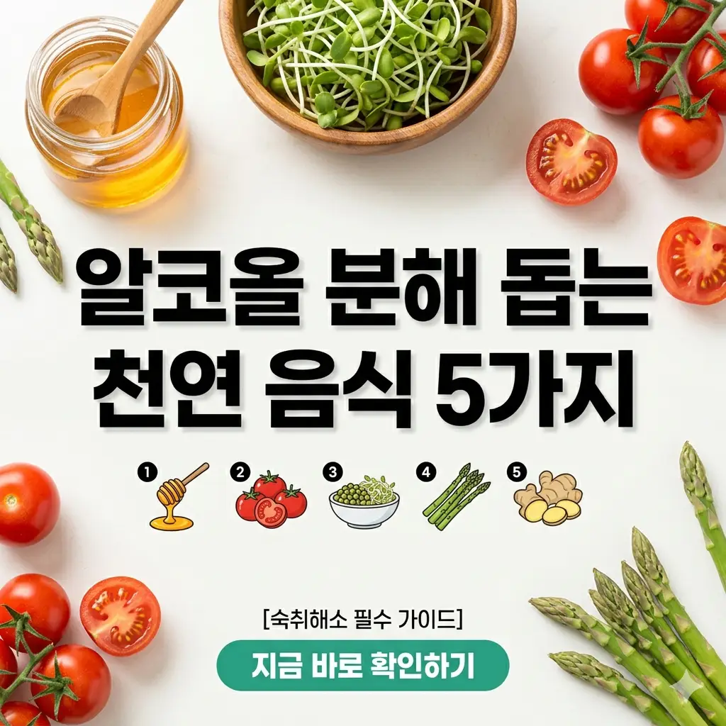 신선한 과일과 채소들이 놓인 밝은 배경 위에 '숙취 해소 천연 음식 5가지'라는 문구가 적힌 썸네일 이미지입니다.