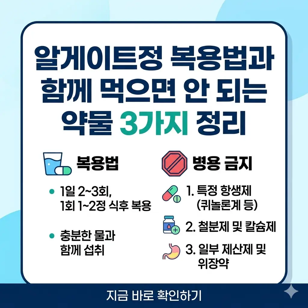 알게이트정 복용법과 피해야 할 3가지 약물 정보가 정리된 정사각형 형태의 정보성 썸네일 이미지입니다.