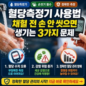 혈당측정 전 손 씻기 중요성과 손을 안 씻을 때 생기는 3가지 문제를 강조한 썸네일.