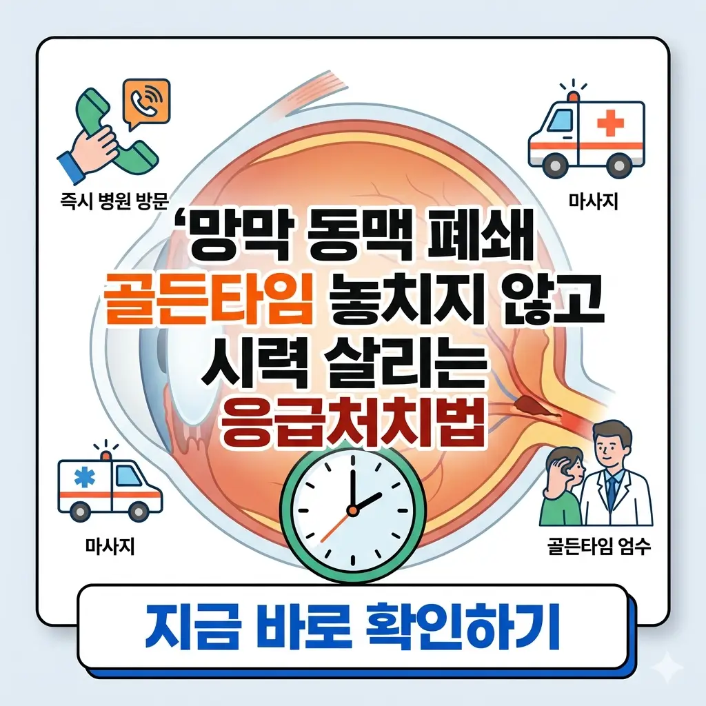 망막 동맥 폐쇄의 위험성을 알리고, 골든타임 내 응급처치를 강조하는 인포그래픽 포스터.