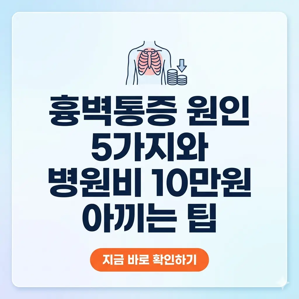밝은 배경 중앙에 '흉벽통증 원인 5가지와 병원비 절약 팁'이라는 문구가 적힌 깔끔한 정보성 썸네일 이미지.
