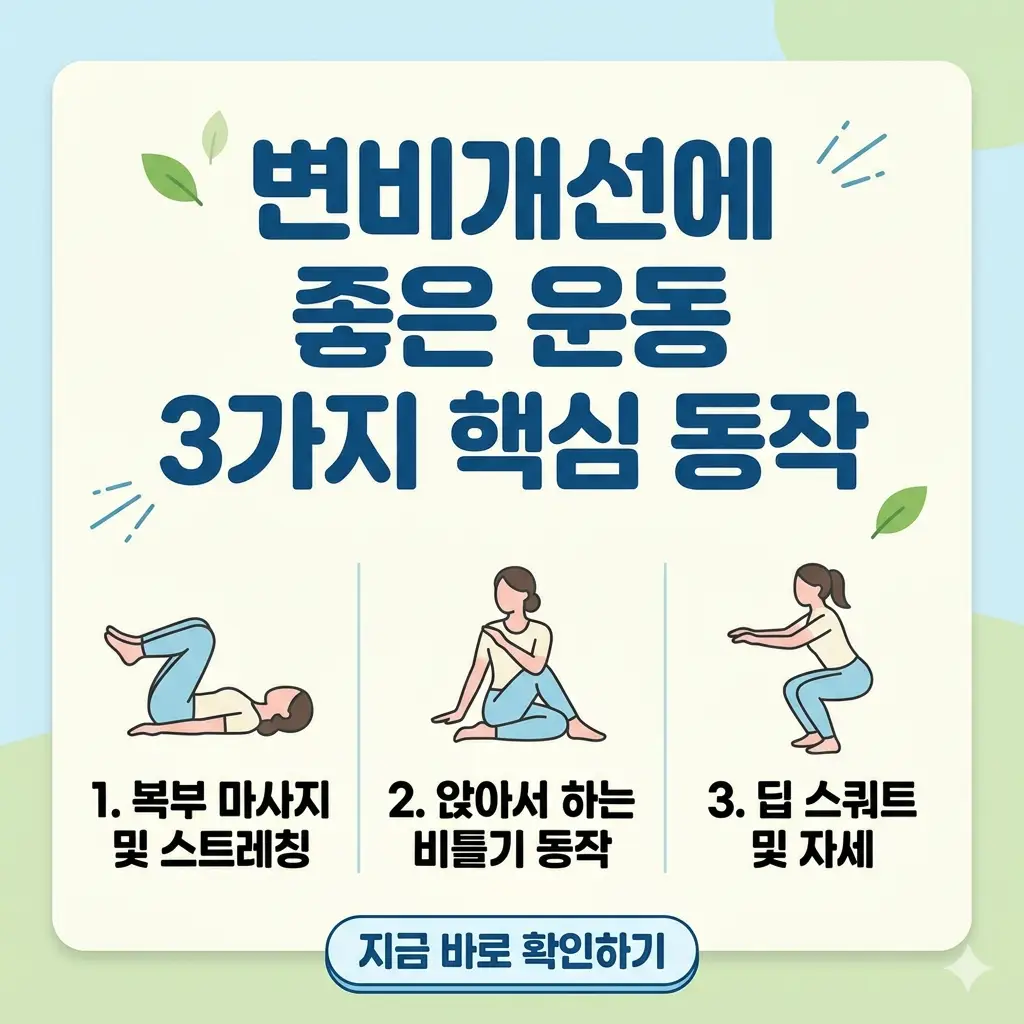 집에서 하는 변비 개선에 좋은 운동 3가지 핵심 동작을 설명하는 요약 썸네일 이미지.
