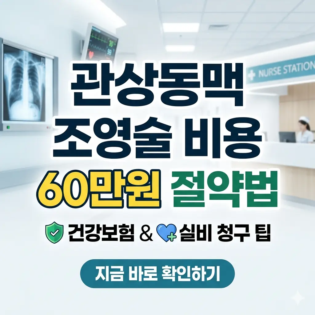 병원 배경에 관상동맥 조영술 비용 절약 정보가 적힌 밝고 가독성 좋은 1:1 비율의 썸네일 이미지.