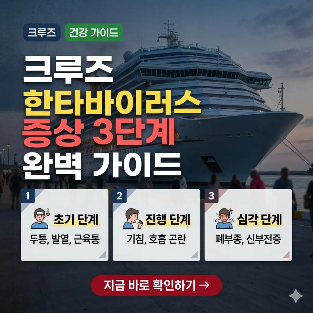 크루즈 여행 중 한타바이러스 증상의 3단계를 시각적으로 요약한 가이드 썸네일.