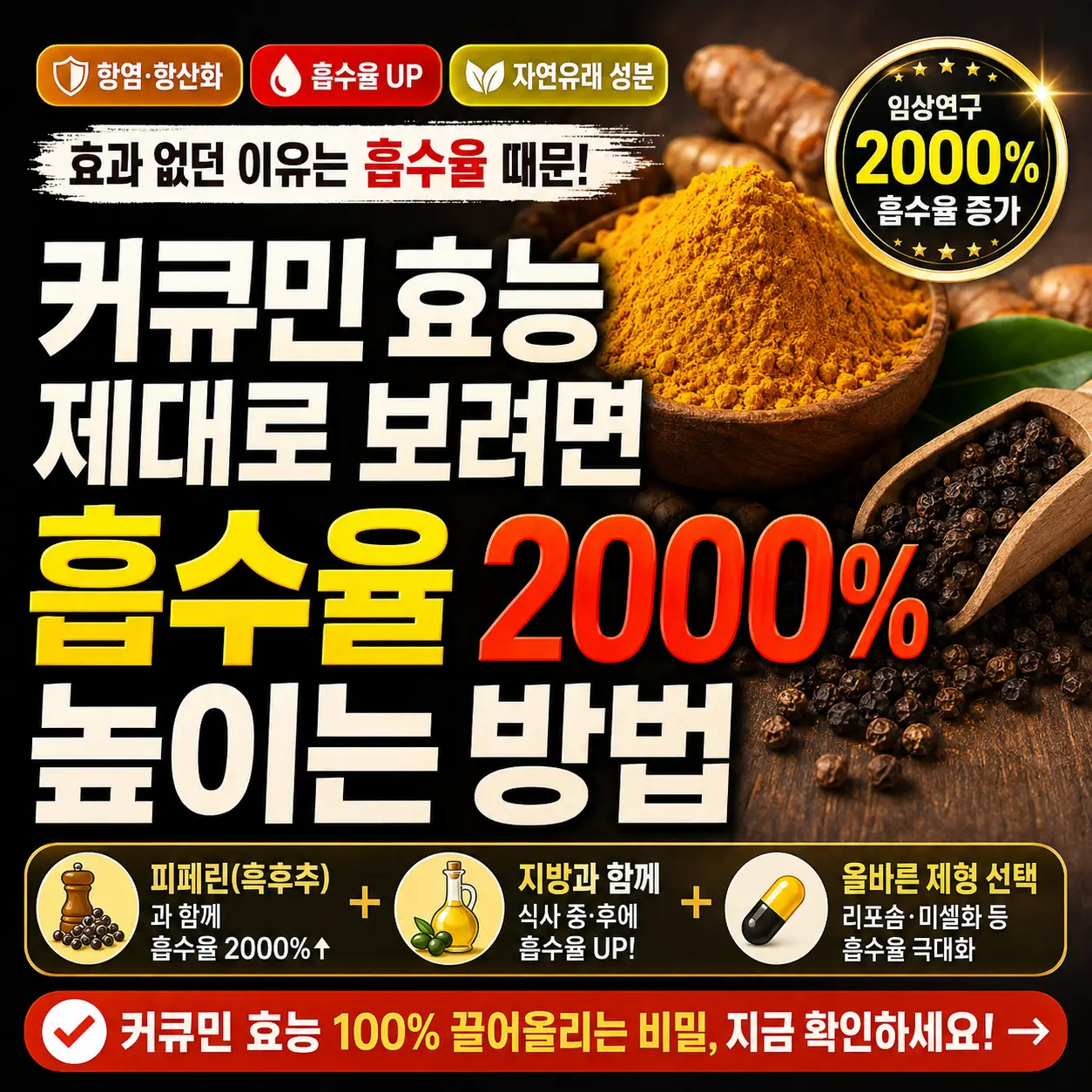 커큐민 흡수율을 높이는 피페린과 지방 섭취 방법을 강조한 건강 정보 썸네일.