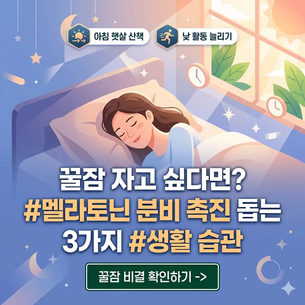 꿀잠 자고 싶다면? 멜라토닌 분비 촉진 돕는 3가지 생활 습관 1 편안하게 잠든 여성과 멜라토닌 분비를 돕는 아침 햇살, 운동, 가벼운 저녁 식사 3가지 습관 아이콘이 있는 썸네일 이미지.