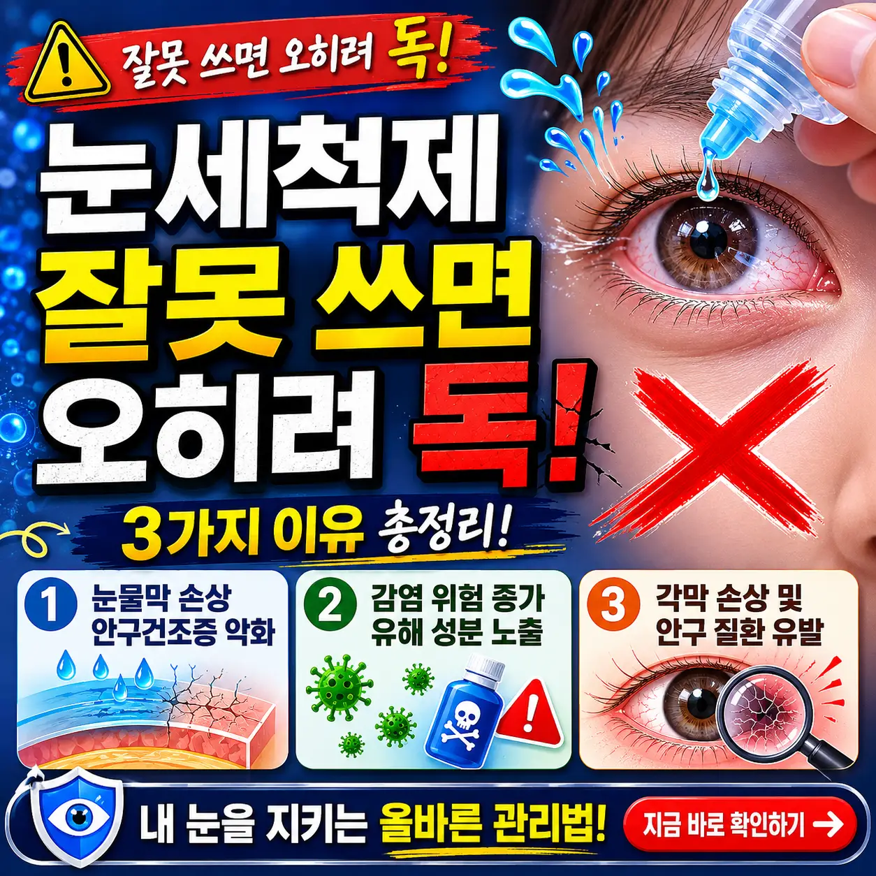 눈세척제 오남용이 안구건조증·감염·각막 손상을 부를 수 있음을 경고하는 건강 썸네일.