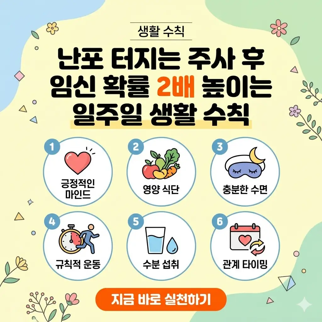 난포 터지는 주사 후 임신 확률을 높이는 6가지 일주일 생활 수칙(마인드, 식단, 수면, 운동, 수분, 타이밍)을 정리한 인포그래픽 포스터.