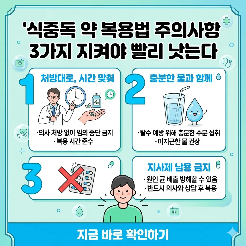 식중독 회복을 위한 올바른 약 복용법 3가지 핵심 수칙을 설명하는 인포그래픽 포스터.